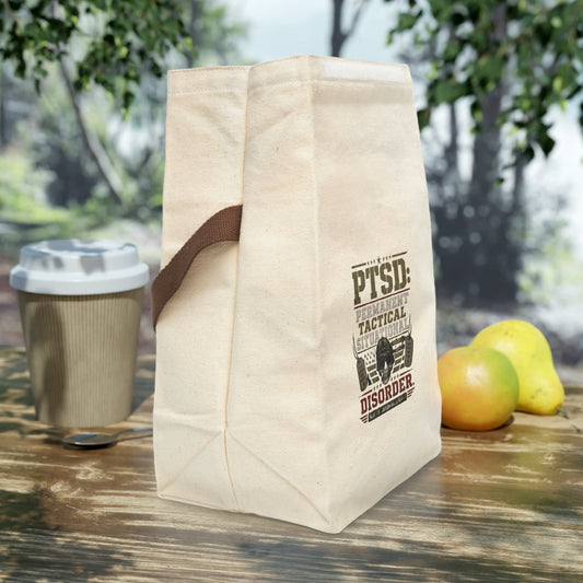 PTSD Tactical Situational Disorder canvas lunch bag with military skull design and roll-top closure
