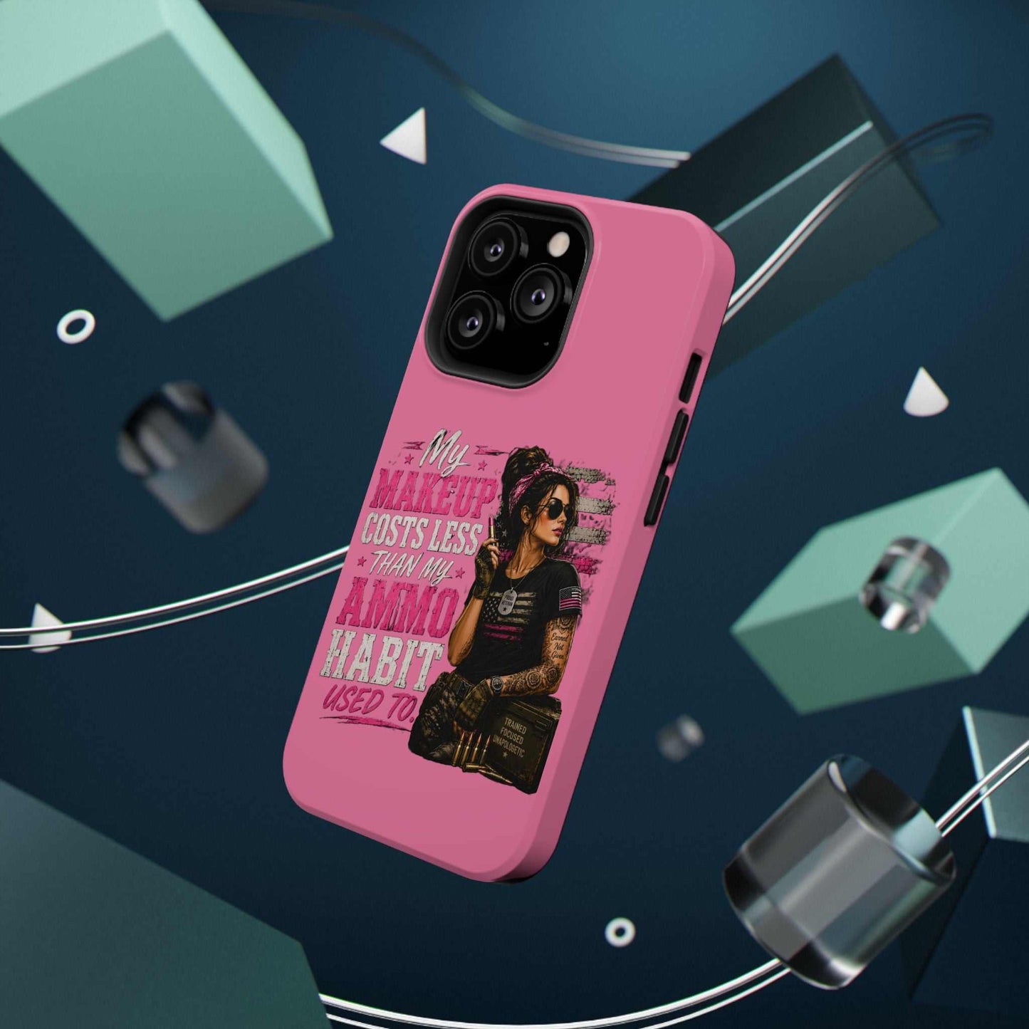 Impact-Resistant Phone Case — "My Makeup Costs Less Than My Ammo Habit Used To" Pink Tactical Design