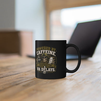 Powered by Caffeine, Ibuprofen & VA Delays Black Mug — Veteran Humor Coffee Cup