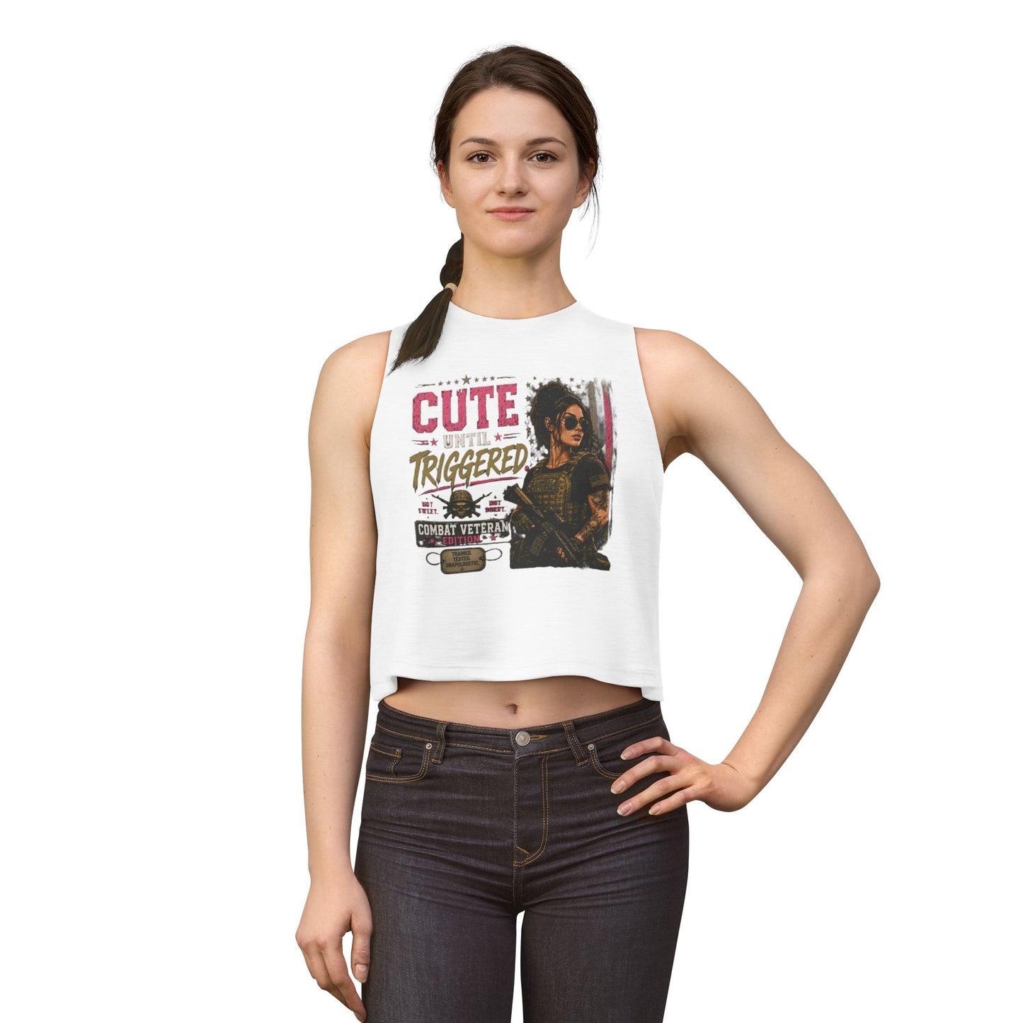 Crop Top — "Cute Until Triggered" Combat Veteran Graphic Tank