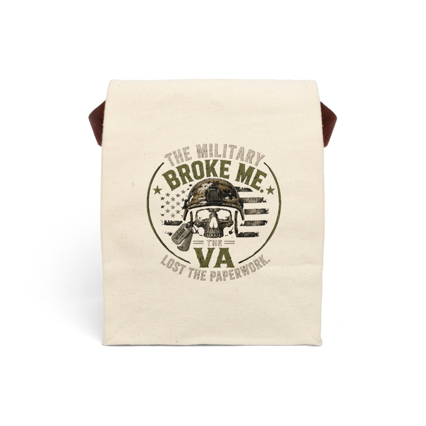Canvas lunch bag with military-inspired print and roll-top closure designed for veterans