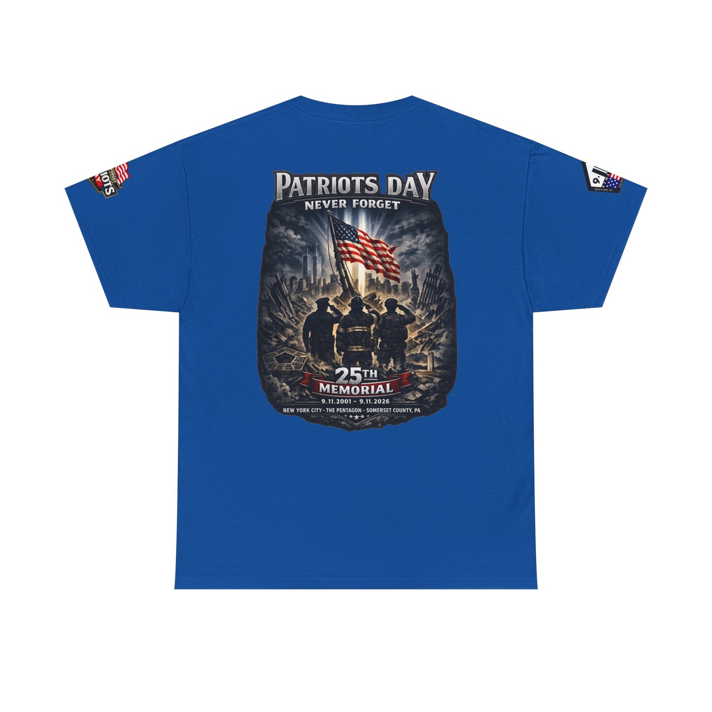 NYPD, FDNY, PAPD-NYNJ Patriots Day Memorial Tee – "Never Forget" 25th Anniversary American Flag Shirt