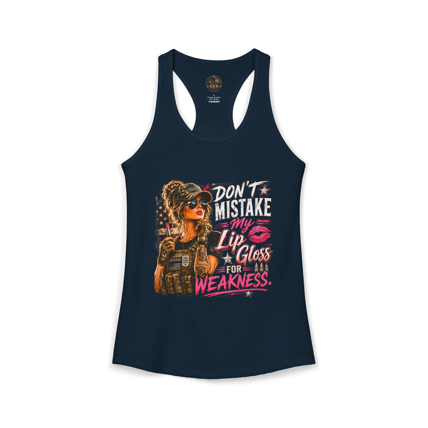 Women's Racerback Tank - "Don't Mistake My Lip Gloss for Weakness"