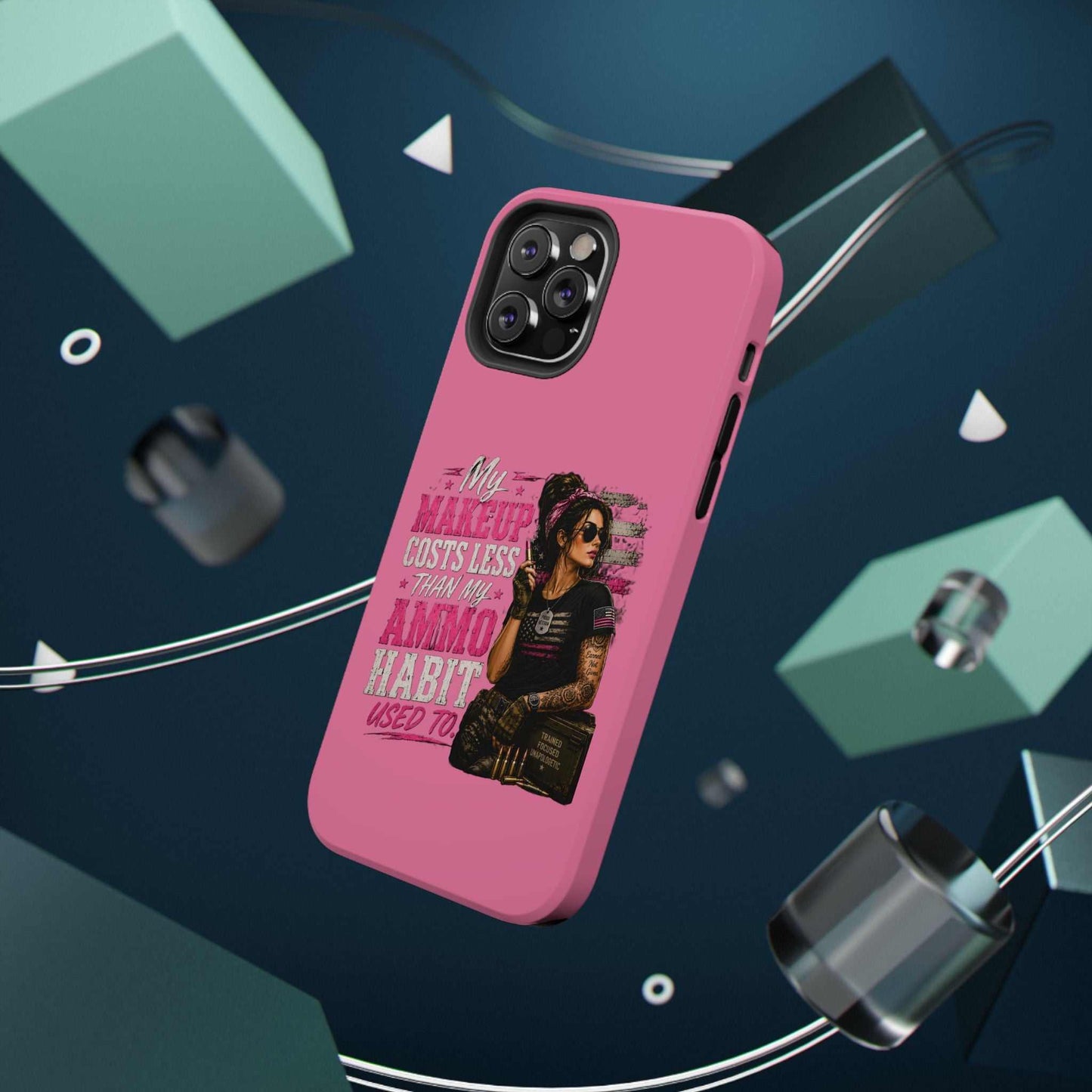 Impact-Resistant Phone Case — "My Makeup Costs Less Than My Ammo Habit Used To" Pink Tactical Design