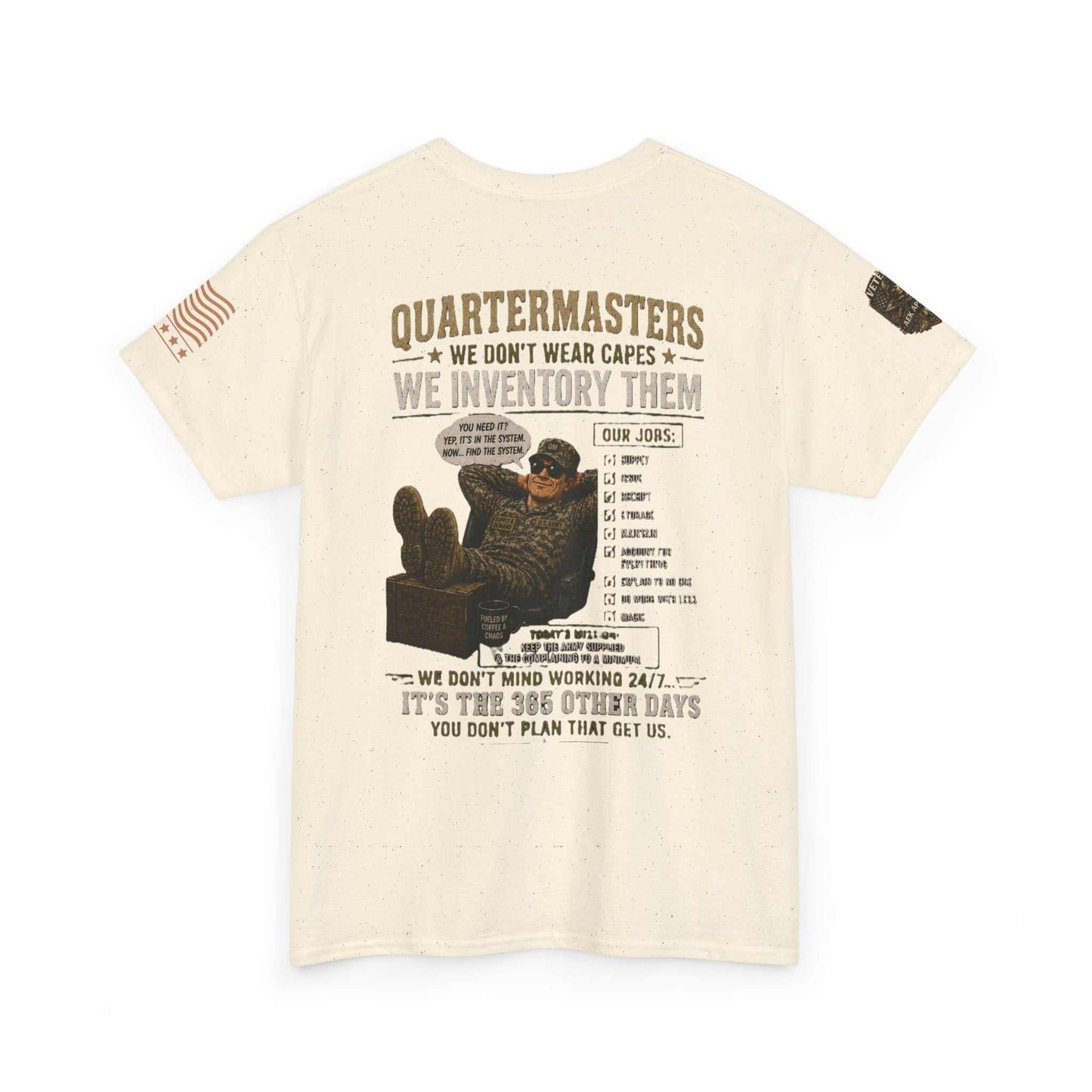 Quartermasters Graphic Tee – "We Don’t Wear Capes, We Inventory Them" Military Supply Shirt