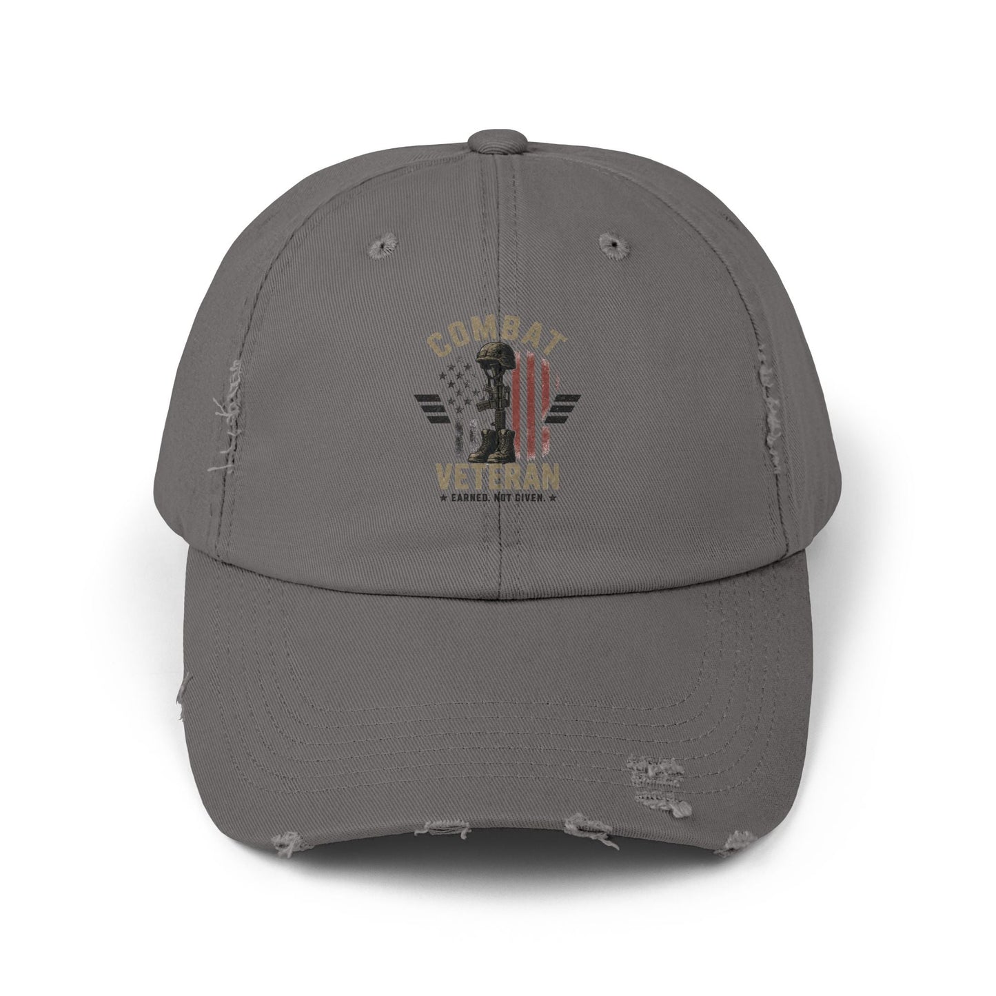 Combat Veteran distressed baseball cap with faded American flag design and low-profile cotton twill fit