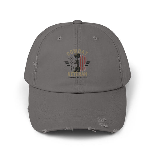 Combat Veteran distressed baseball cap with faded American flag design and low-profile cotton twill fit