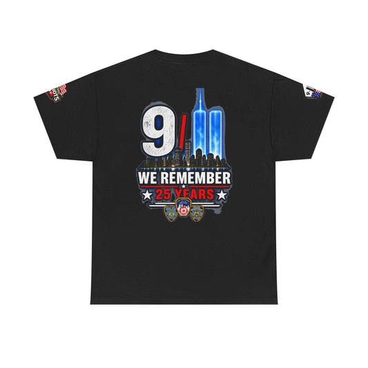 9/11 We Remember 25 Years T-shirt with twin towers and skyline design on black Gildan 5000 cotton tee