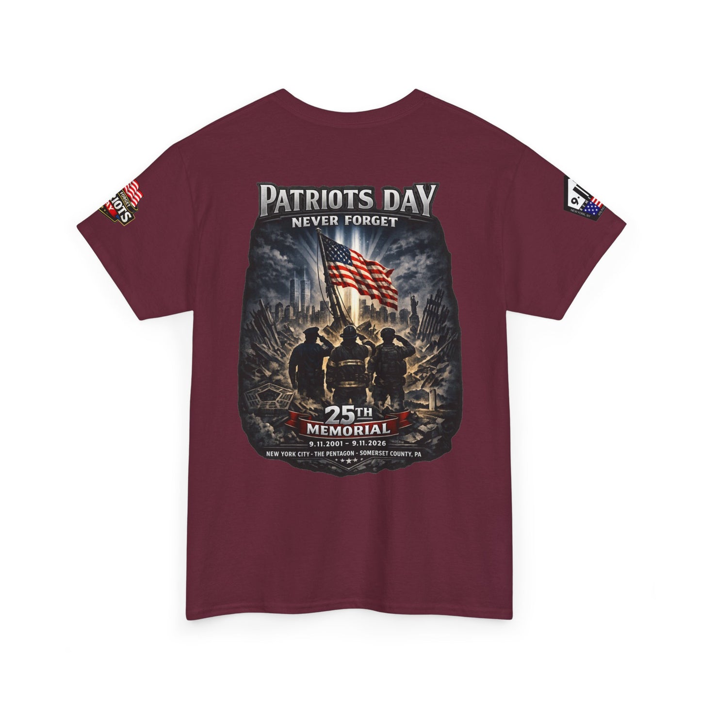 NYPD, FDNY, PAPD-NYNJ Patriots Day Memorial Tee – "Never Forget" 25th Anniversary American Flag Shirt