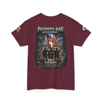 NYPD, FDNY, PAPD-NYNJ Patriots Day Memorial Tee – "Never Forget" 25th Anniversary American Flag Shirt