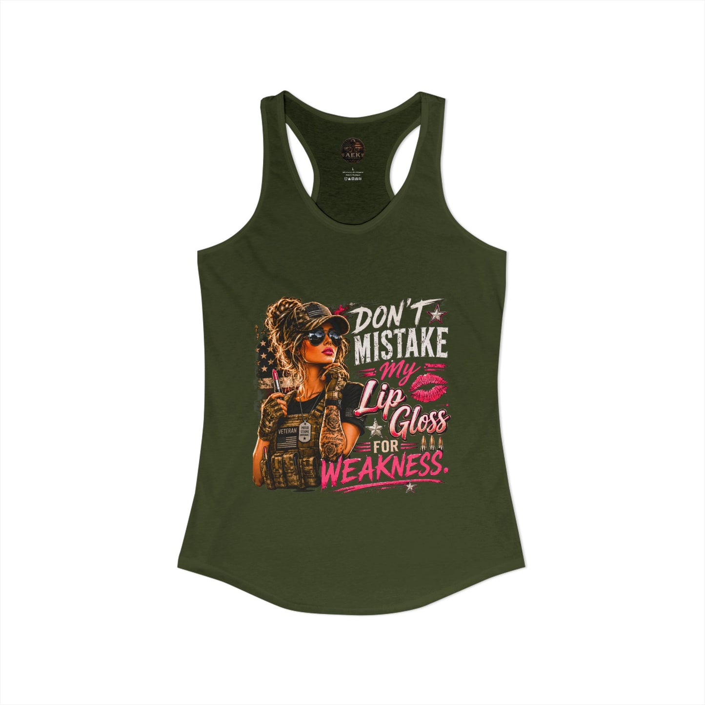 Women's Racerback Tank - "Don't Mistake My Lip Gloss for Weakness"