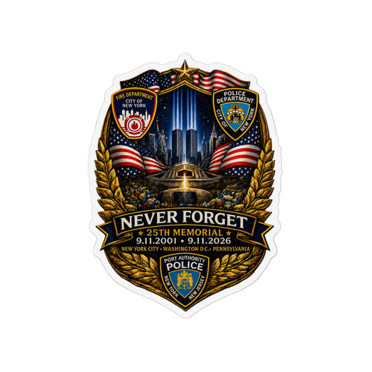Never Forget 9/11 memorial custom police badge magnet with full-color matte finish and durable vinyl backing