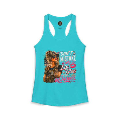 Women's Racerback Tank - "Don't Mistake My Lip Gloss for Weakness"