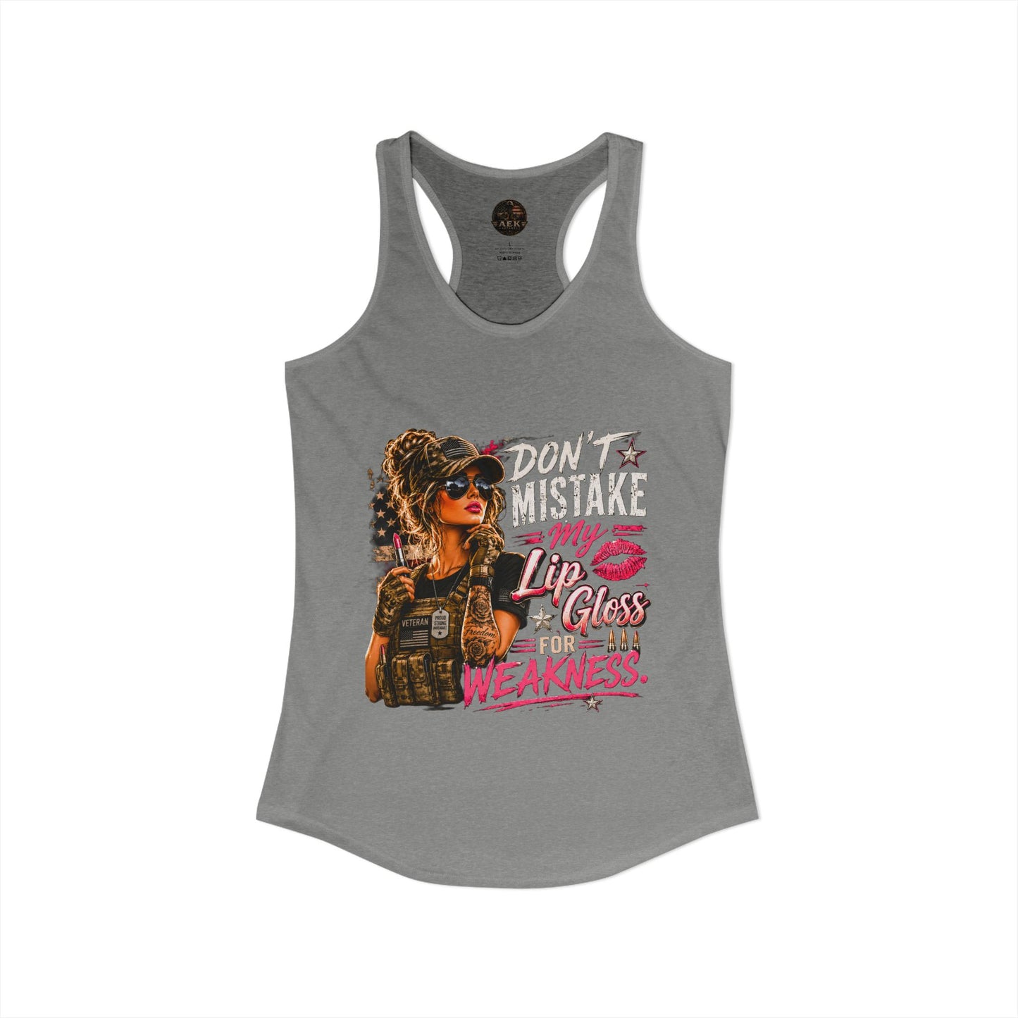 Women's Racerback Tank - "Don't Mistake My Lip Gloss for Weakness"