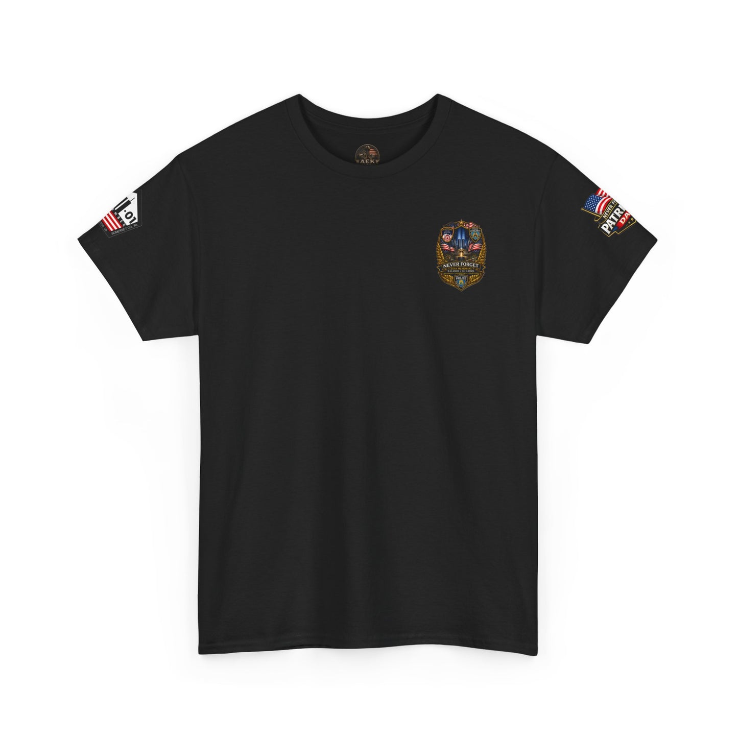 NYPD, FDNY, PAPD-NYNJ Patriots Day Memorial Tee – "Never Forget" 25th Anniversary American Flag Shirt