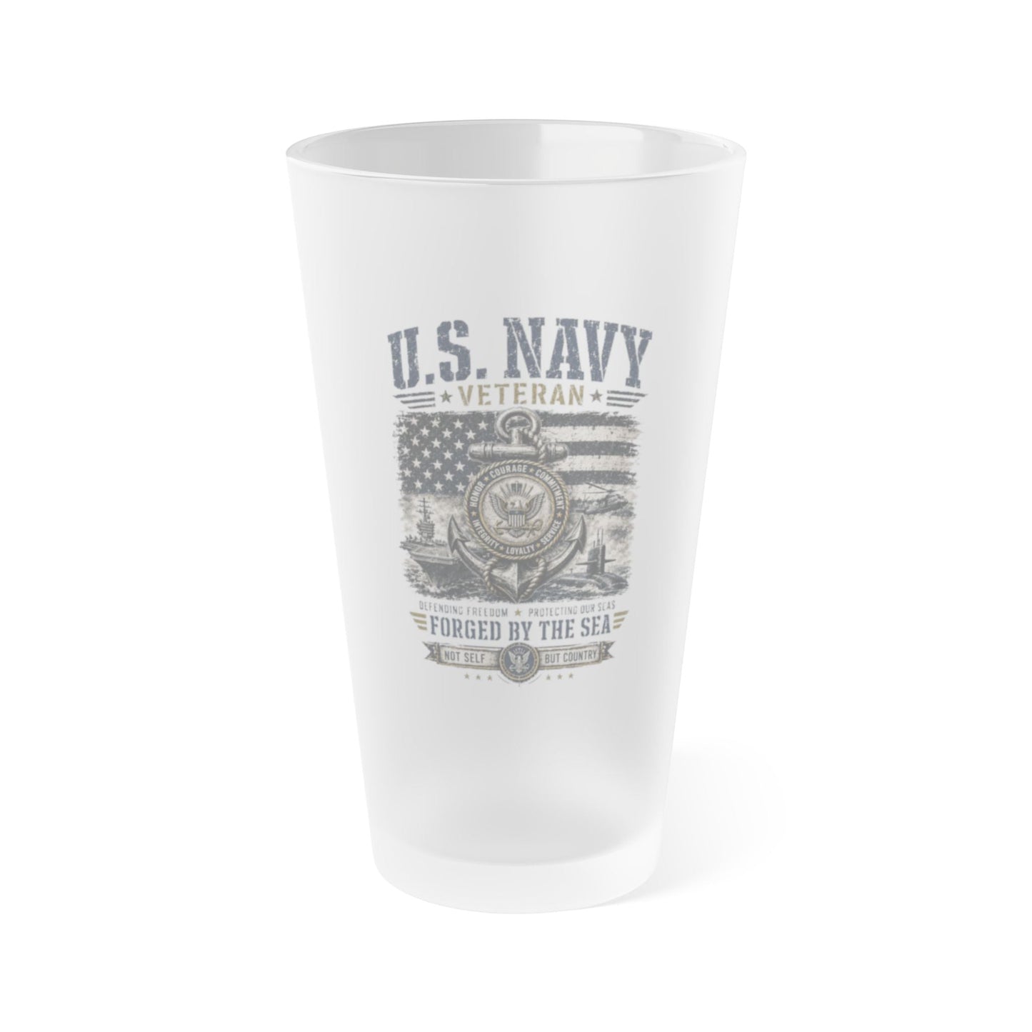 Navy Veteran frosted 16oz pint glass with vintage military tribute design