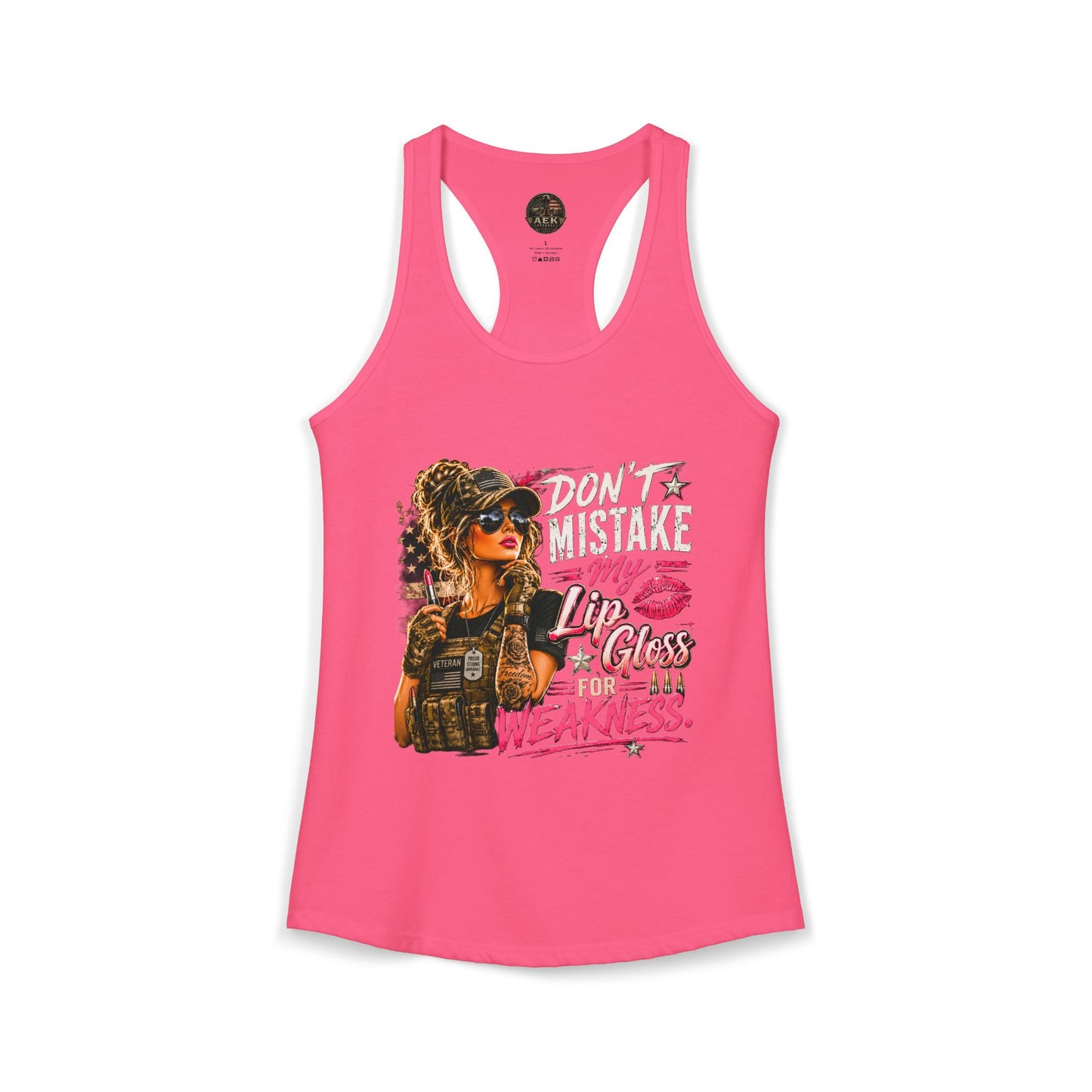 Women's Racerback Tank - "Don't Mistake My Lip Gloss for Weakness"