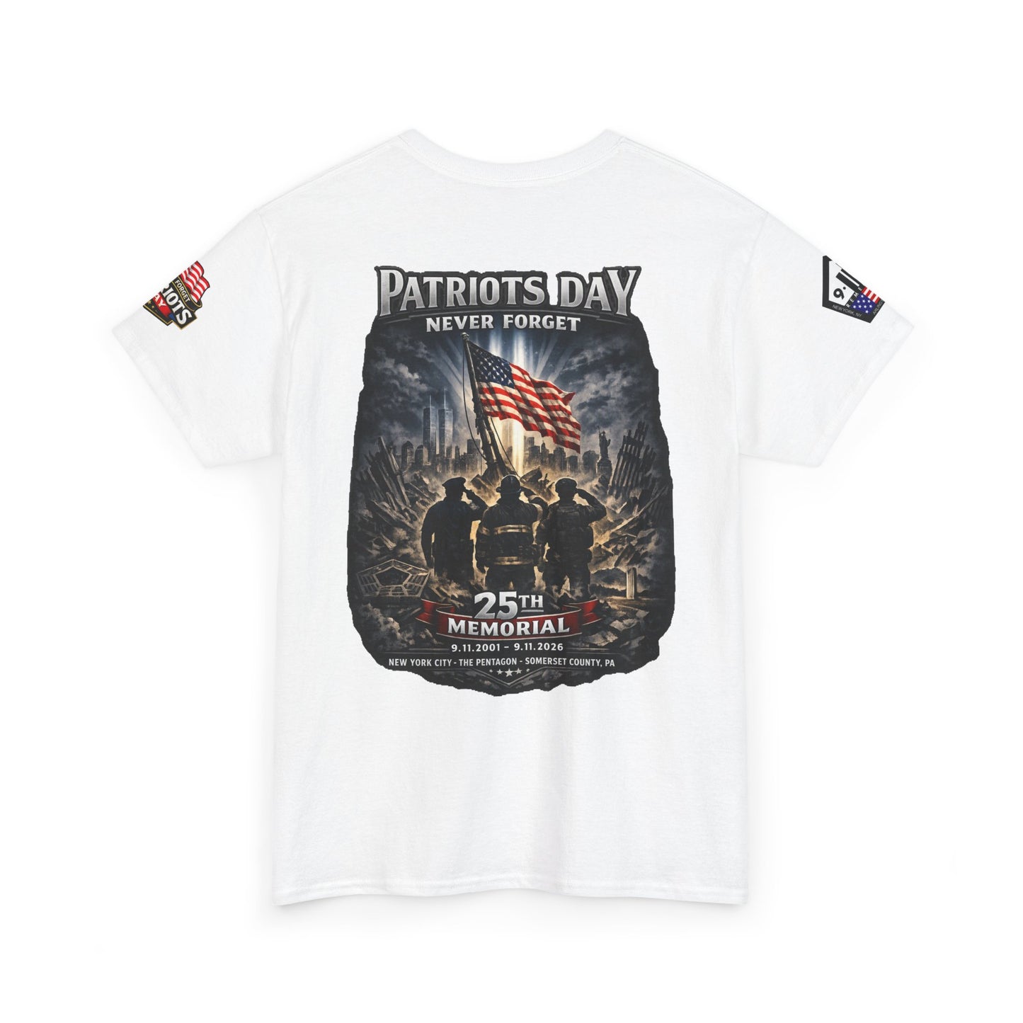 NYPD, FDNY, PAPD-NYNJ Patriots Day Memorial Tee – "Never Forget" 25th Anniversary American Flag Shirt