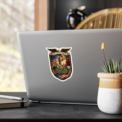 9/11 Never Forget shield vinyl decal with eagle, flag, and Twin Towers memorial design