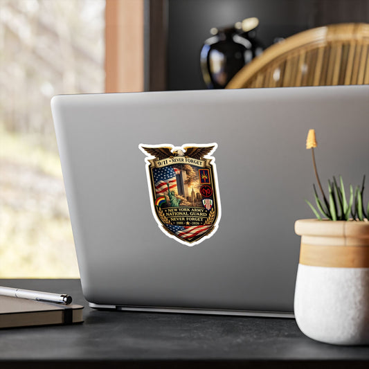 9/11 Never Forget shield vinyl decal with eagle, flag, and Twin Towers memorial design