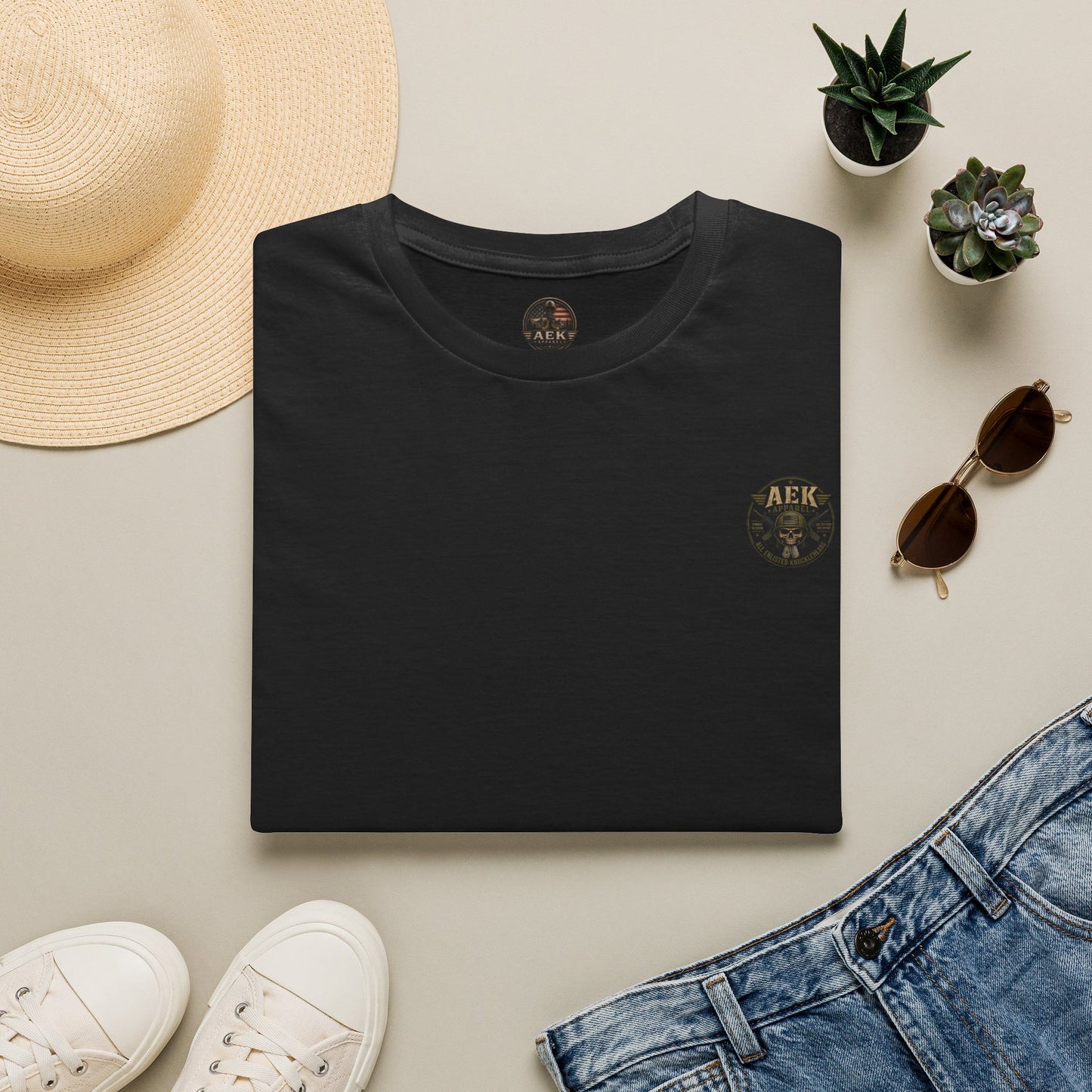 Army: Where You're Paid to Suffer T-Shirt — AEK Small Chest Logo, Coastal Surf Vibes
