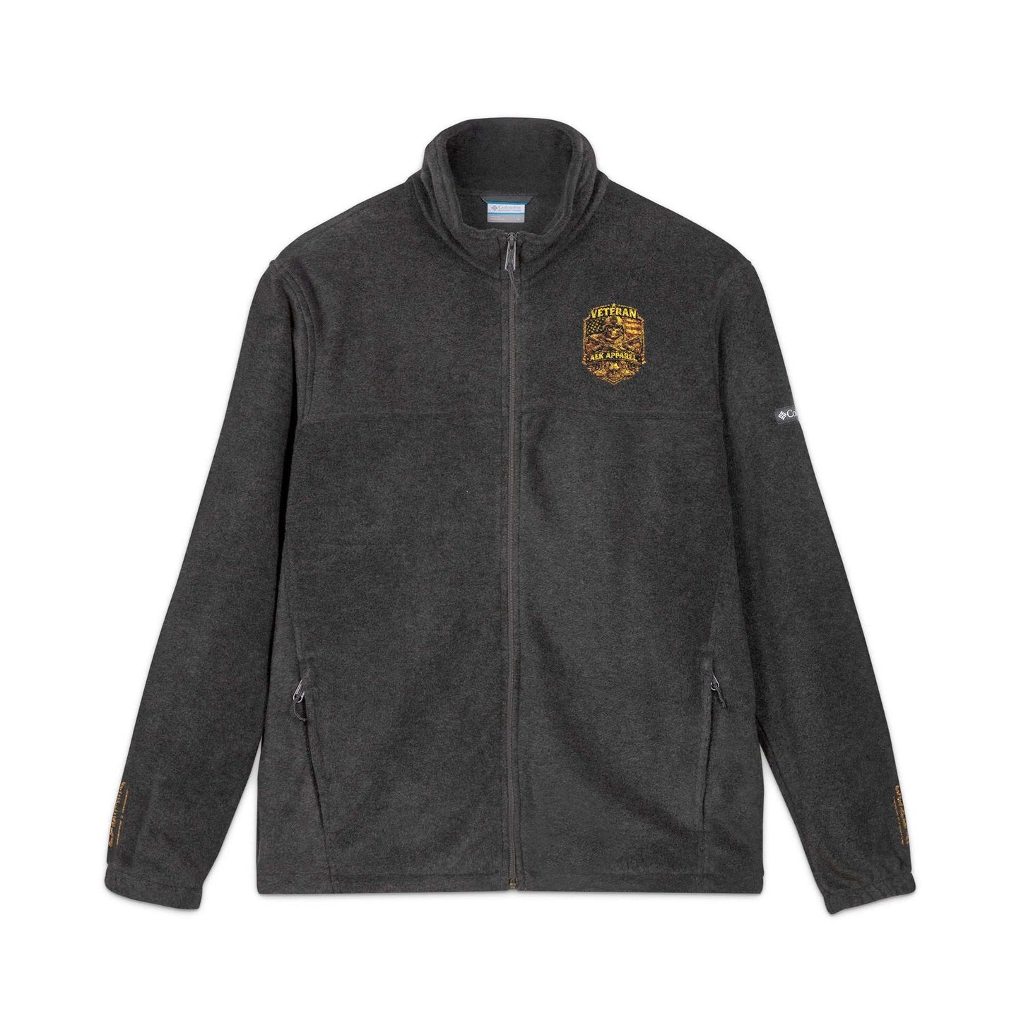 Charcoal Columbia fleece jacket with embroidered autumn leaf design and zippered pockets