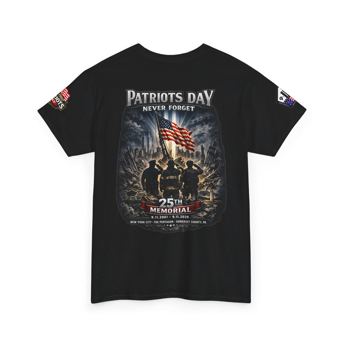 NYARNG Patriots Day Memorial Tee – "Never Forget" 25th Anniversary American Flag Shirt