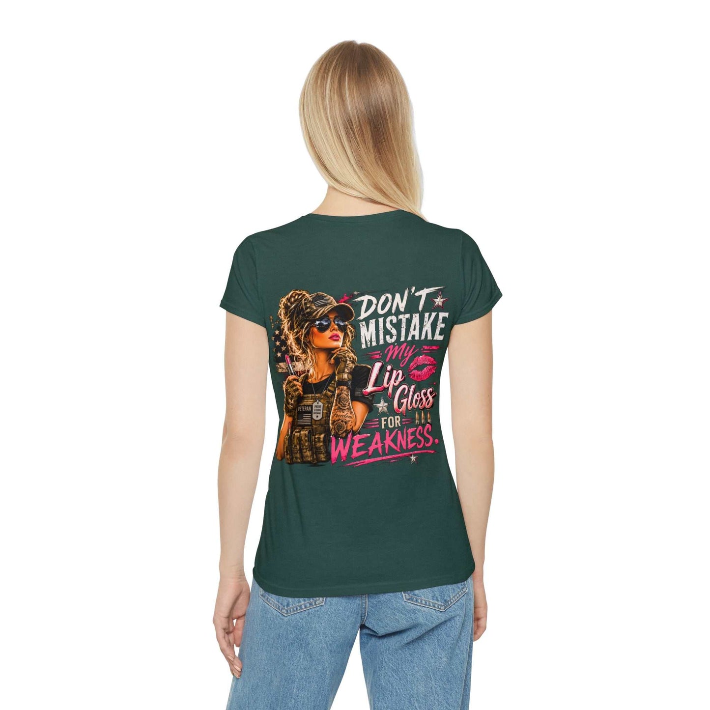 Women's Military-Inspired T-Shirt — "Don't Mistake My Lip Gloss for Weakness" Graphic Tee