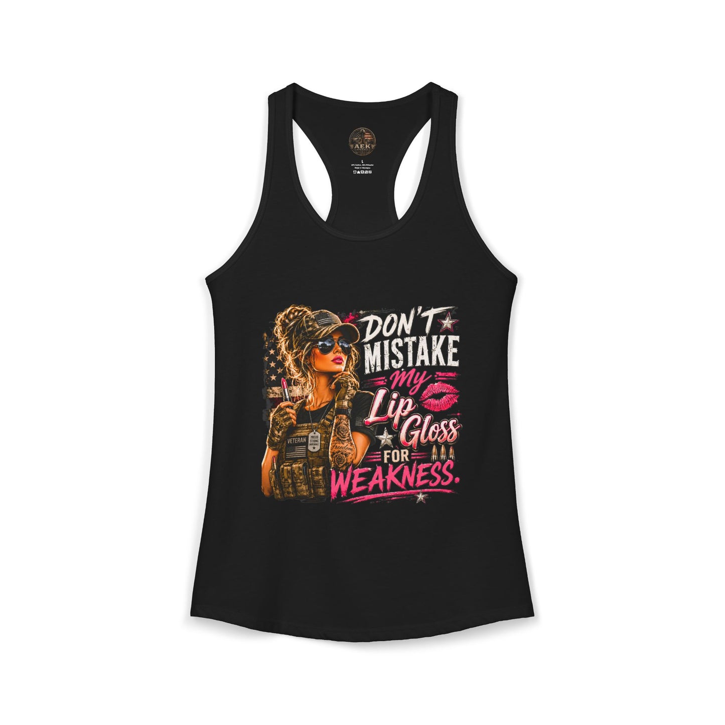 Women's Racerback Tank - "Don't Mistake My Lip Gloss for Weakness"