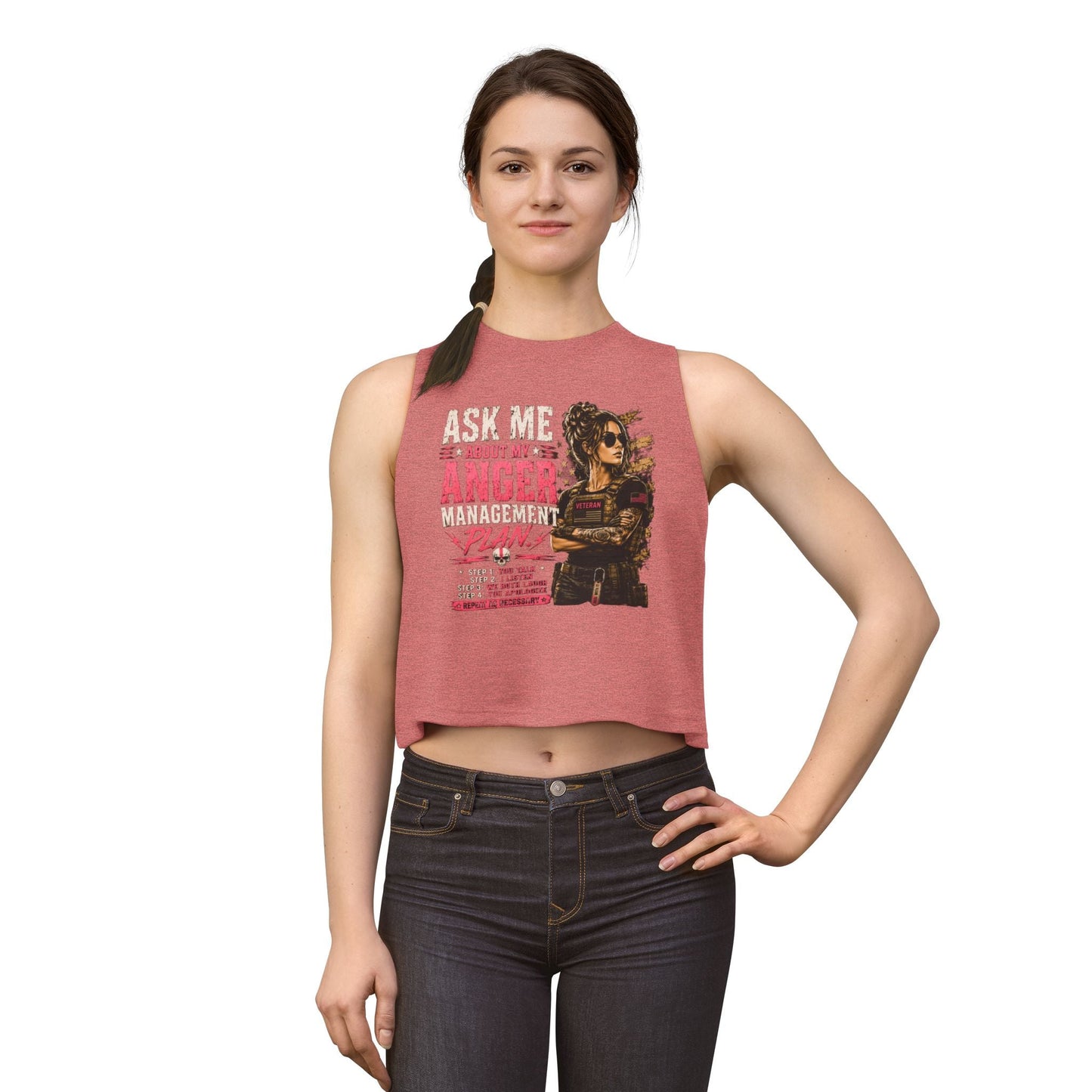 Women's crop top with "Ask Me About My Anger Management Plan" graphic and raw sleeve edges