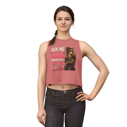 Women's crop top with "Ask Me About My Anger Management Plan" graphic and raw sleeve edges