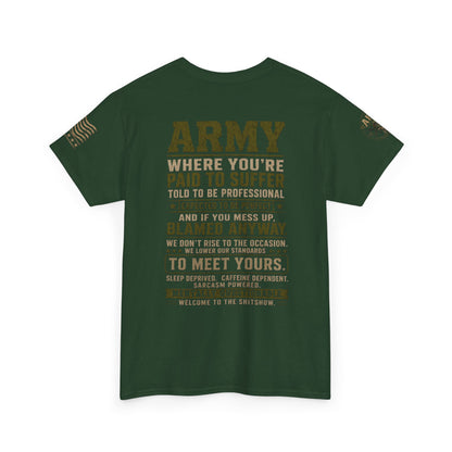 Army Quote Tee — “Army: Where You’re Paid to Suffer” Military Graphic T-Shirt
