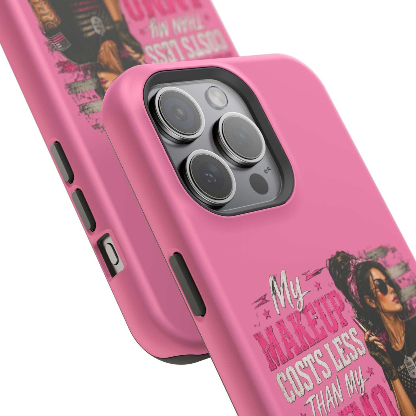 Impact-Resistant Phone Case — "My Makeup Costs Less Than My Ammo Habit Used To" Pink Tactical Design
