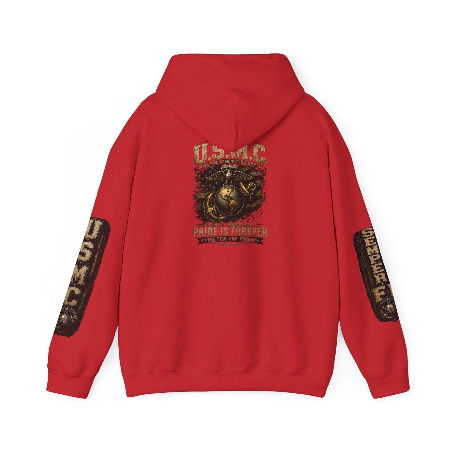 White USMC hoodie with vintage skull design and distressed Marine Corps emblem