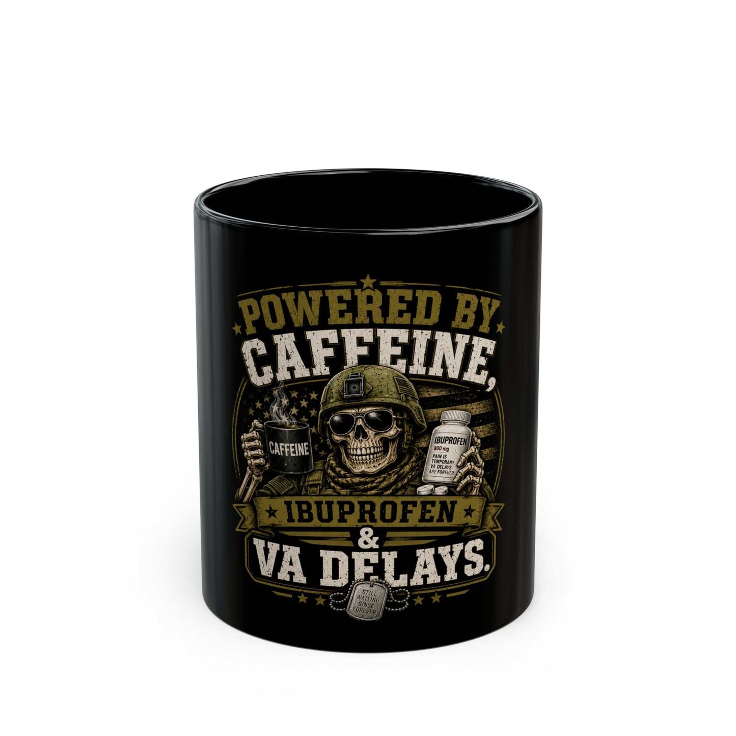 Glossy black ceramic mug with military-inspired skull design and "Powered by Caffeine, Ibuprofen & VA Delays" text