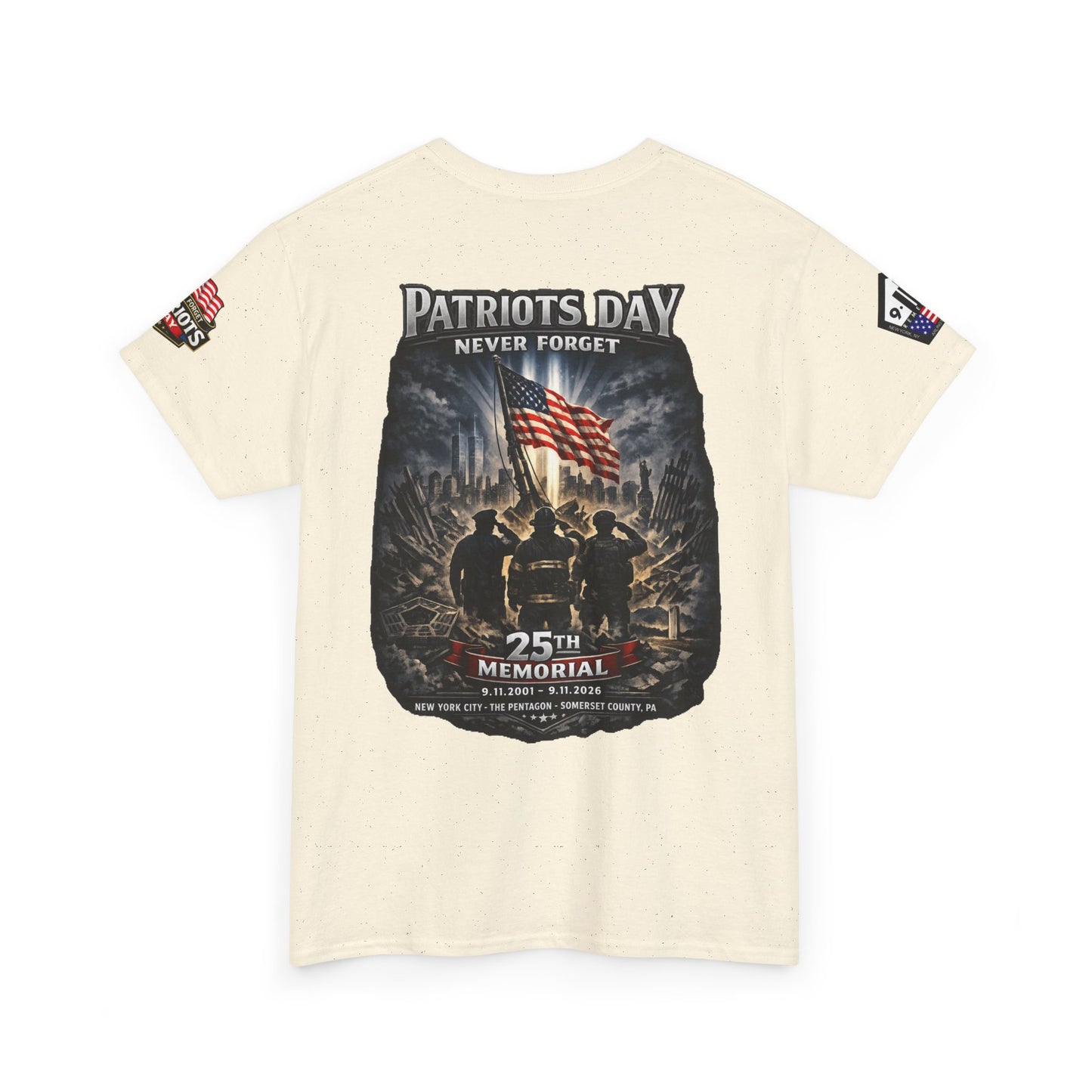 NYPD, FDNY, PAPD-NYNJ Patriots Day Memorial Tee – "Never Forget" 25th Anniversary American Flag Shirt
