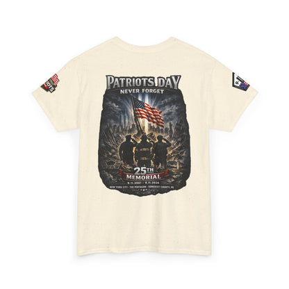 NYPD, FDNY, PAPD-NYNJ Patriots Day Memorial Tee – "Never Forget" 25th Anniversary American Flag Shirt