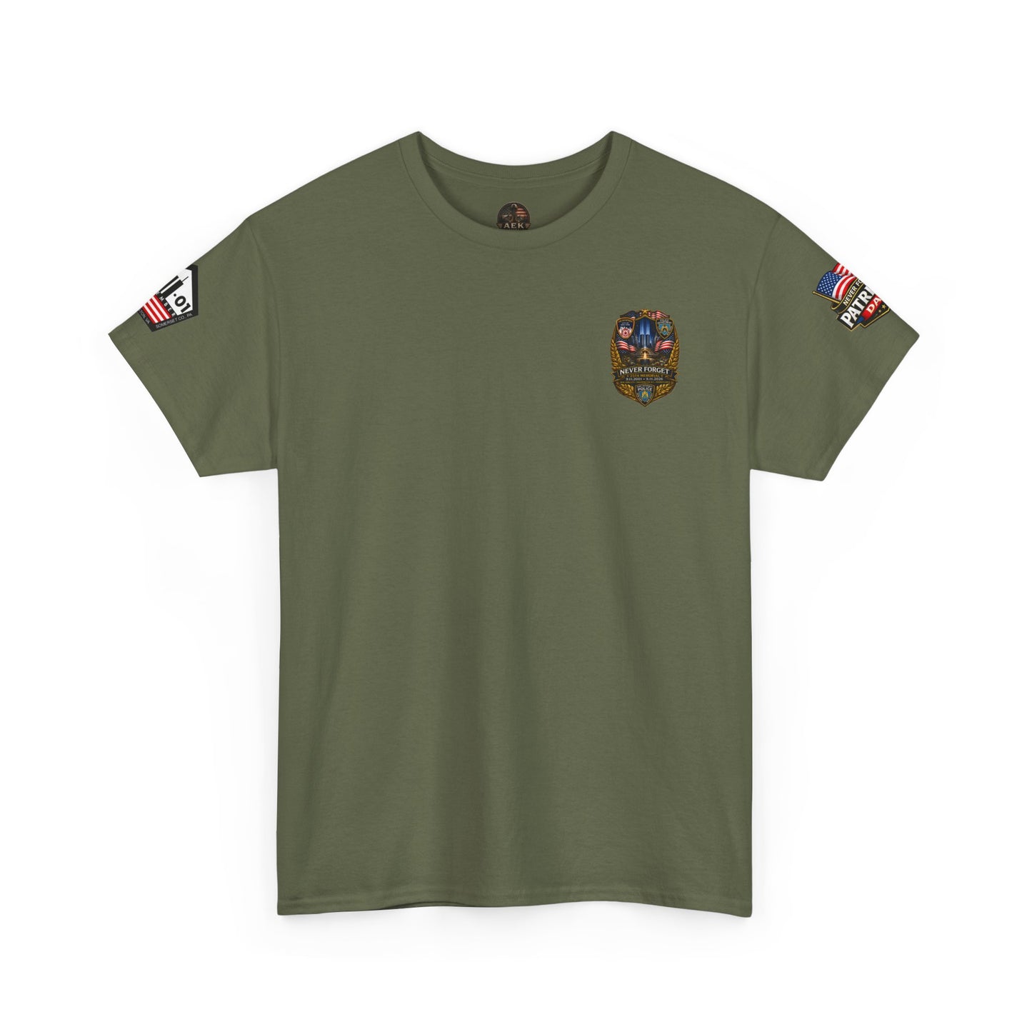NYPD, FDNY, PAPD-NYNJ Patriots Day Memorial Tee – "Never Forget" 25th Anniversary American Flag Shirt