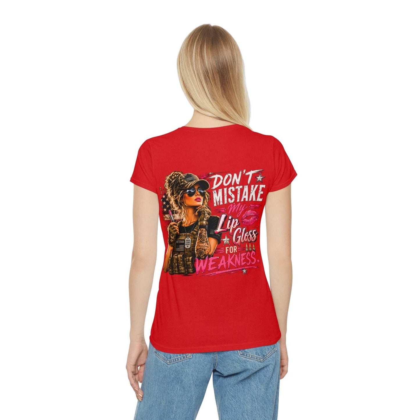 Women's Military-Inspired T-Shirt — "Don't Mistake My Lip Gloss for Weakness" Graphic Tee