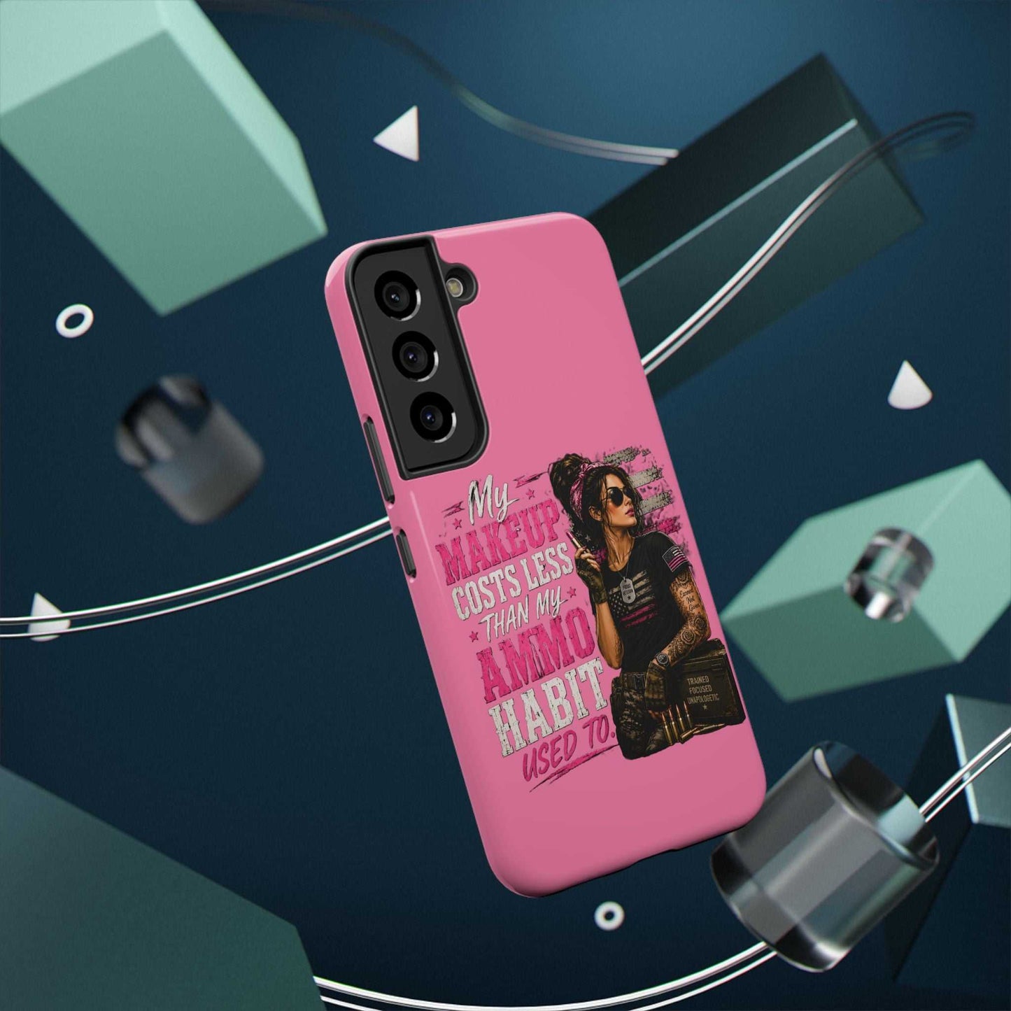 Impact-Resistant Phone Case — "My Makeup Costs Less Than My Ammo Habit Used To" Pink Tactical Design