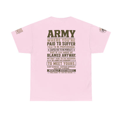 Army Quote Tee — “Army: Where You’re Paid to Suffer” Military Graphic T-Shirt