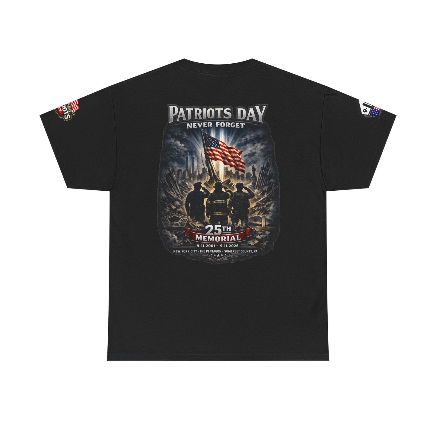 NYPD FDNY PAPD-NYNJ Patriots Day Memorial Tee with American flag and "Never Forget" 25th anniversary design