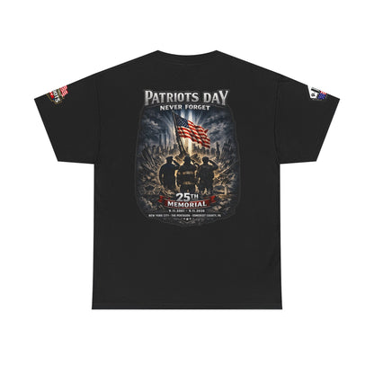 NYPD FDNY PAPD-NYNJ Patriots Day Memorial Tee with American flag and "Never Forget" 25th anniversary design