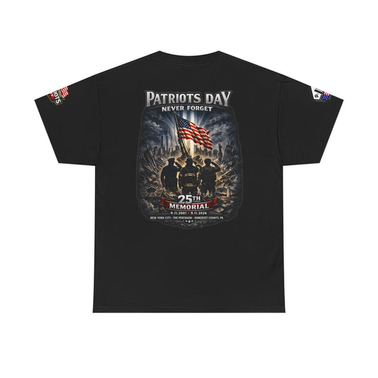 NYPD FDNY PAPD-NYNJ Patriots Day Memorial Tee with American flag and "Never Forget" 25th anniversary design