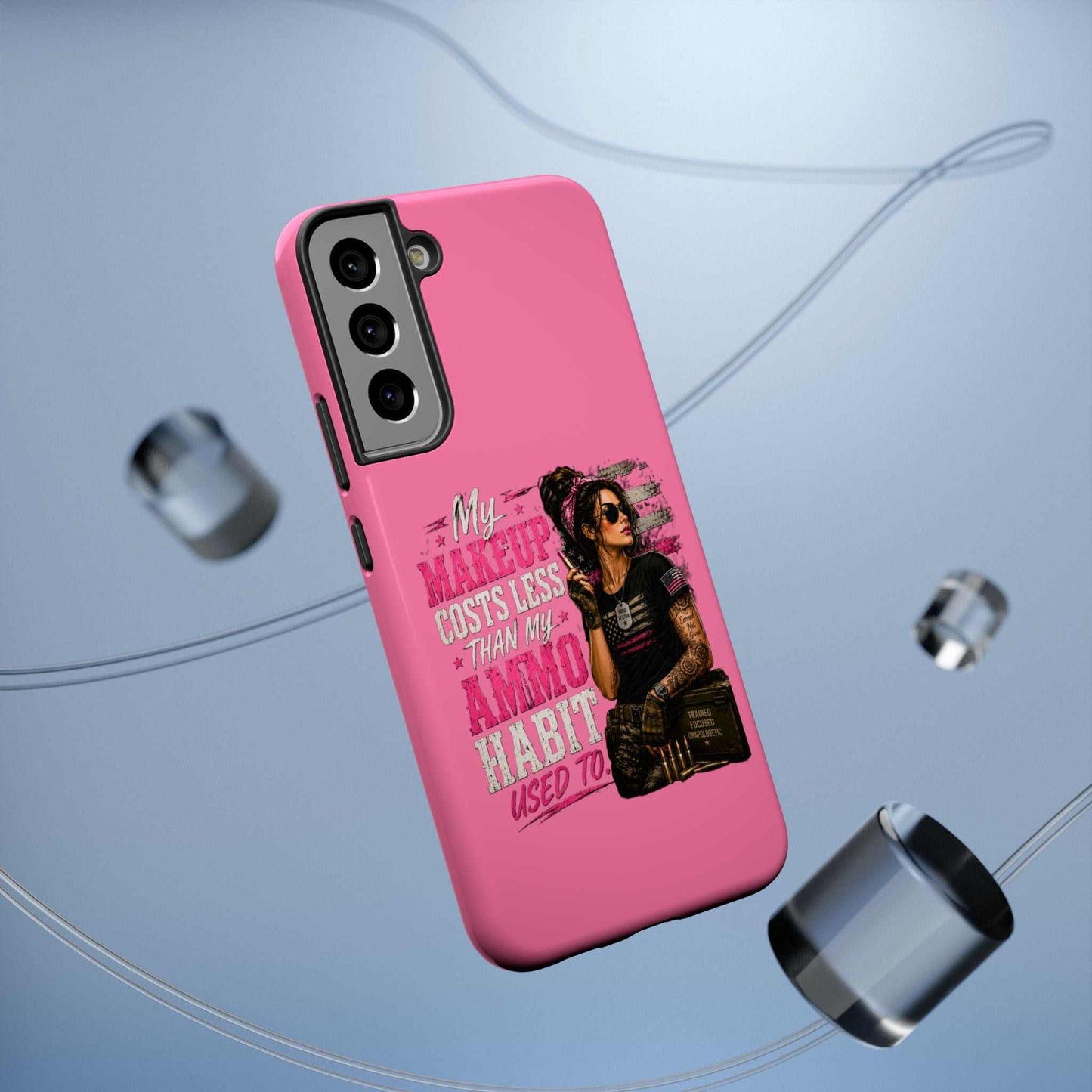 Impact-Resistant Phone Case — "My Makeup Costs Less Than My Ammo Habit Used To" Pink Tactical Design