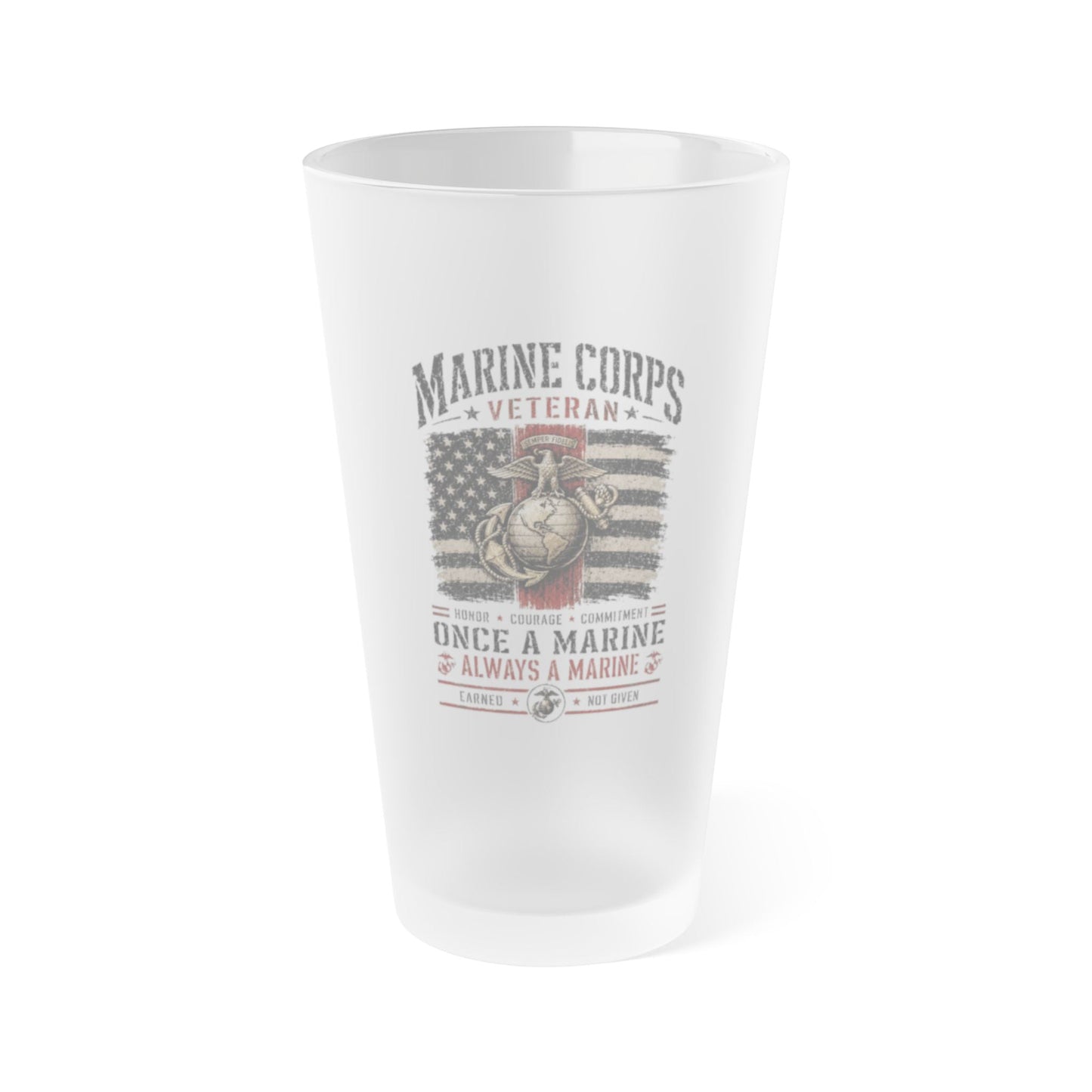 Marine Veteran Frosted Pint Glass 16oz with vintage-style military tribute wraparound print