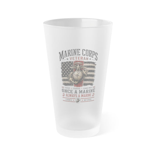 Marine Veteran Frosted Pint Glass 16oz with vintage-style military tribute wraparound print