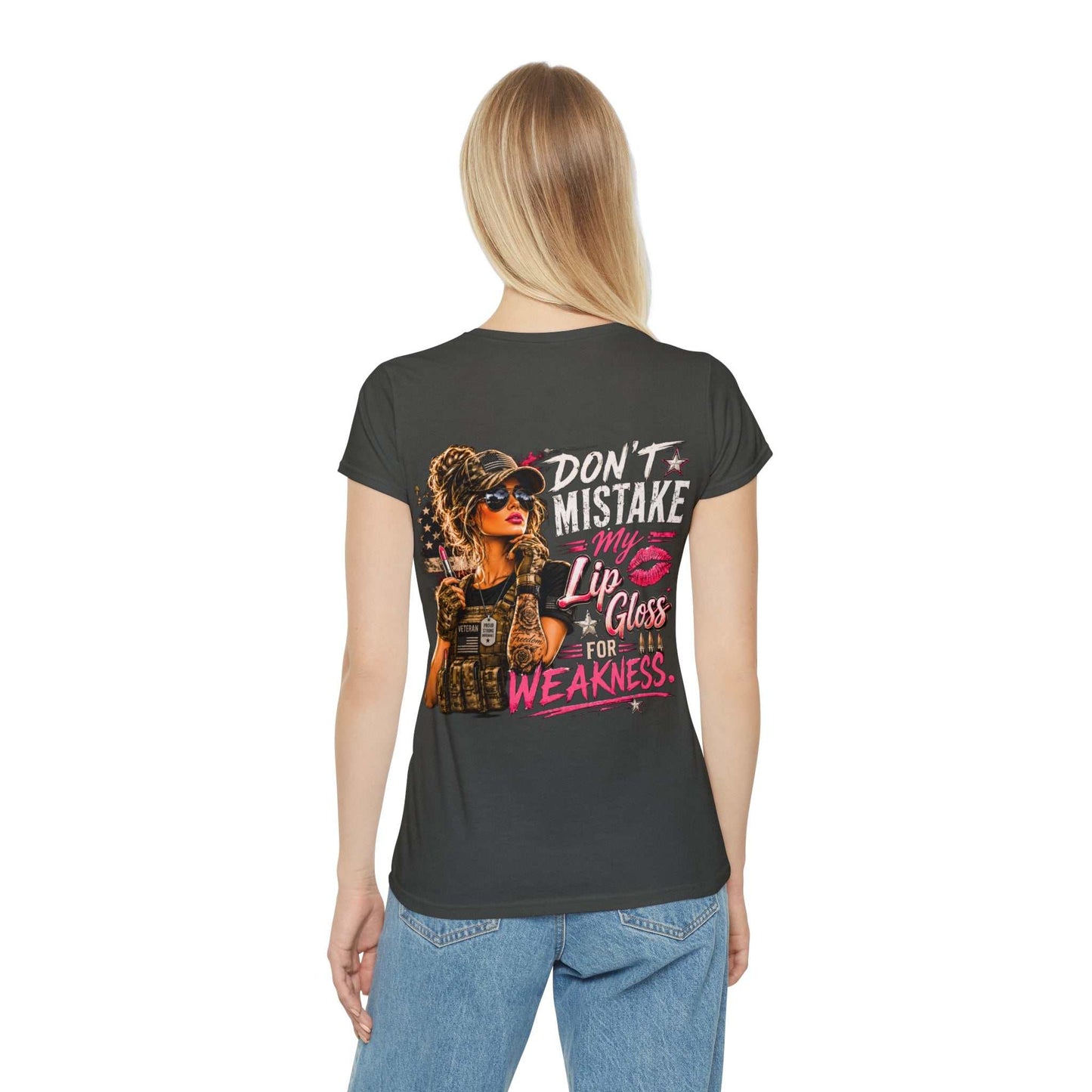 Women's Military-Inspired T-Shirt — "Don't Mistake My Lip Gloss for Weakness" Graphic Tee