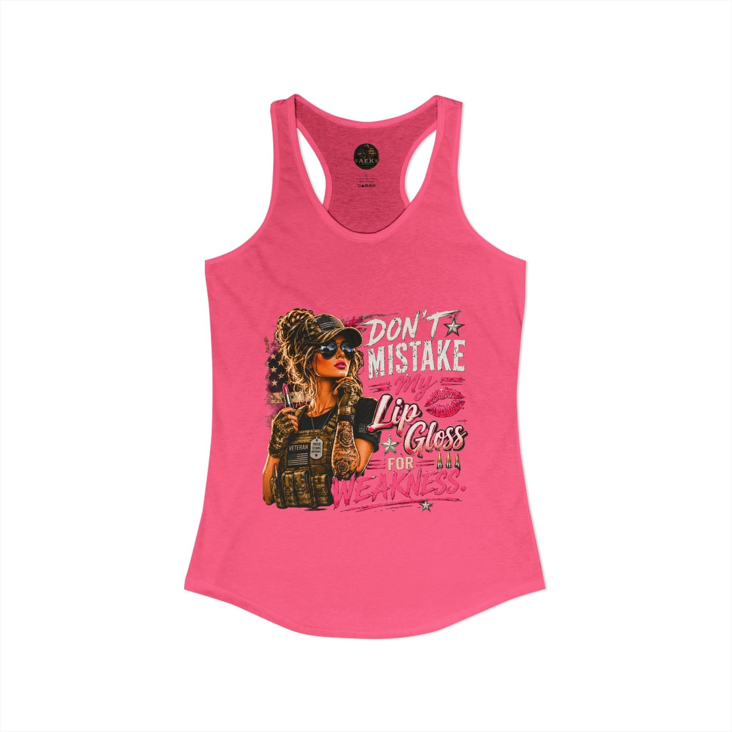 Women's Racerback Tank - "Don't Mistake My Lip Gloss for Weakness"