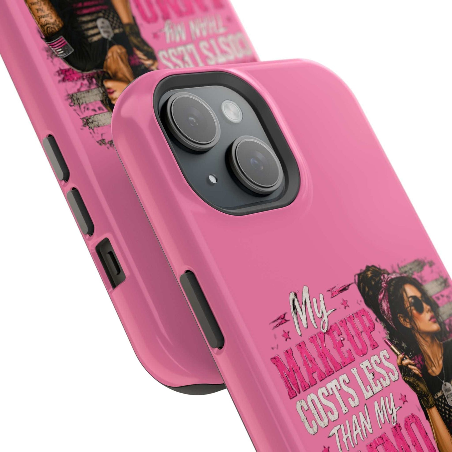 Impact-Resistant Phone Case — "My Makeup Costs Less Than My Ammo Habit Used To" Pink Tactical Design